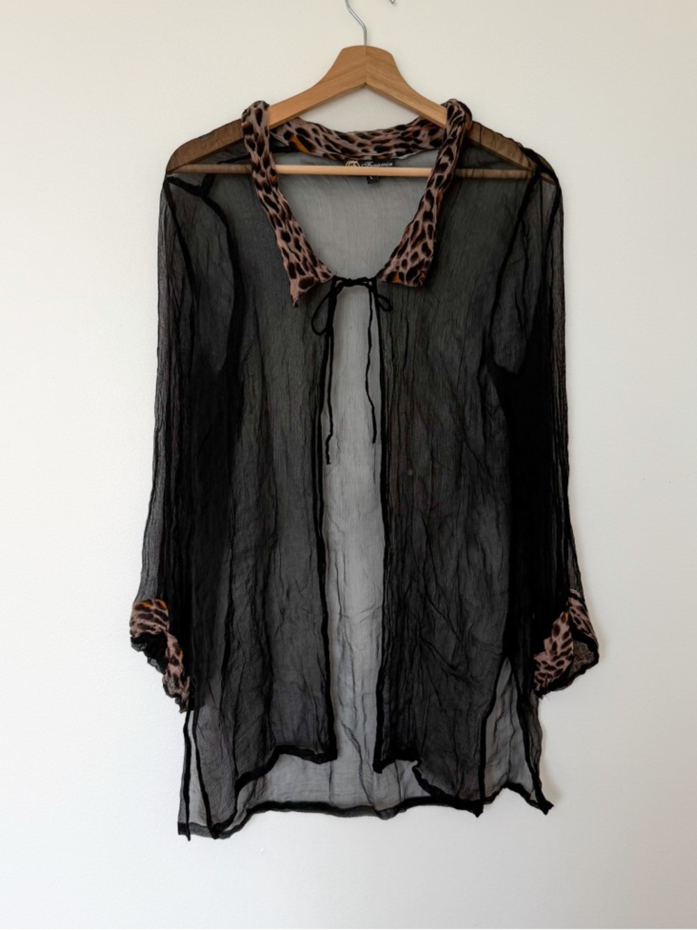 Sheer Black Robe with Leopard Trim - Women's Cardigan